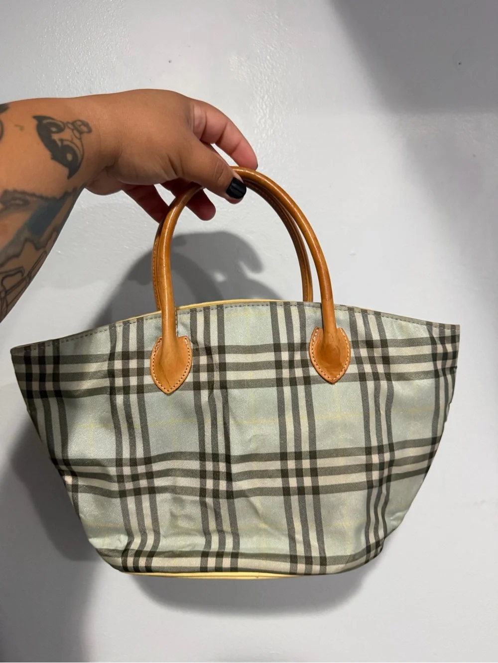 Burberry Classic Plaid Mini Tote Bag with Tan Leather Handles